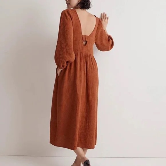 MADEWELL - Lightspun Cotton Gauze V-Neck Midi Dress - Burnt Clay - Medium - BNWT - Picture 3 of 16